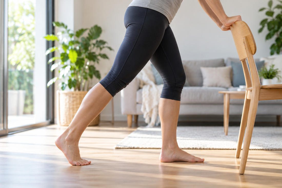 Person performing a gentle calf and heel rehabilitation exercise at home for plantar fasciitis