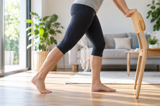 Person performing a gentle calf and heel rehabilitation exercise at home for plantar fasciitis