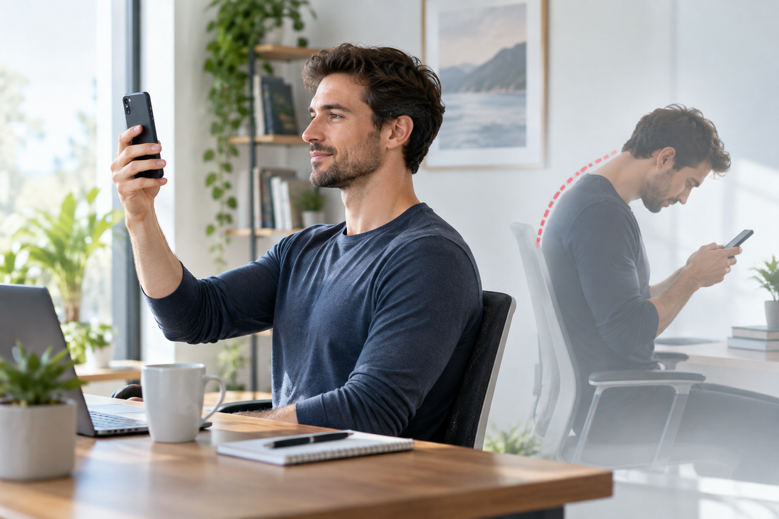 Healthy and slouched smartphone posture comparison for tech neck